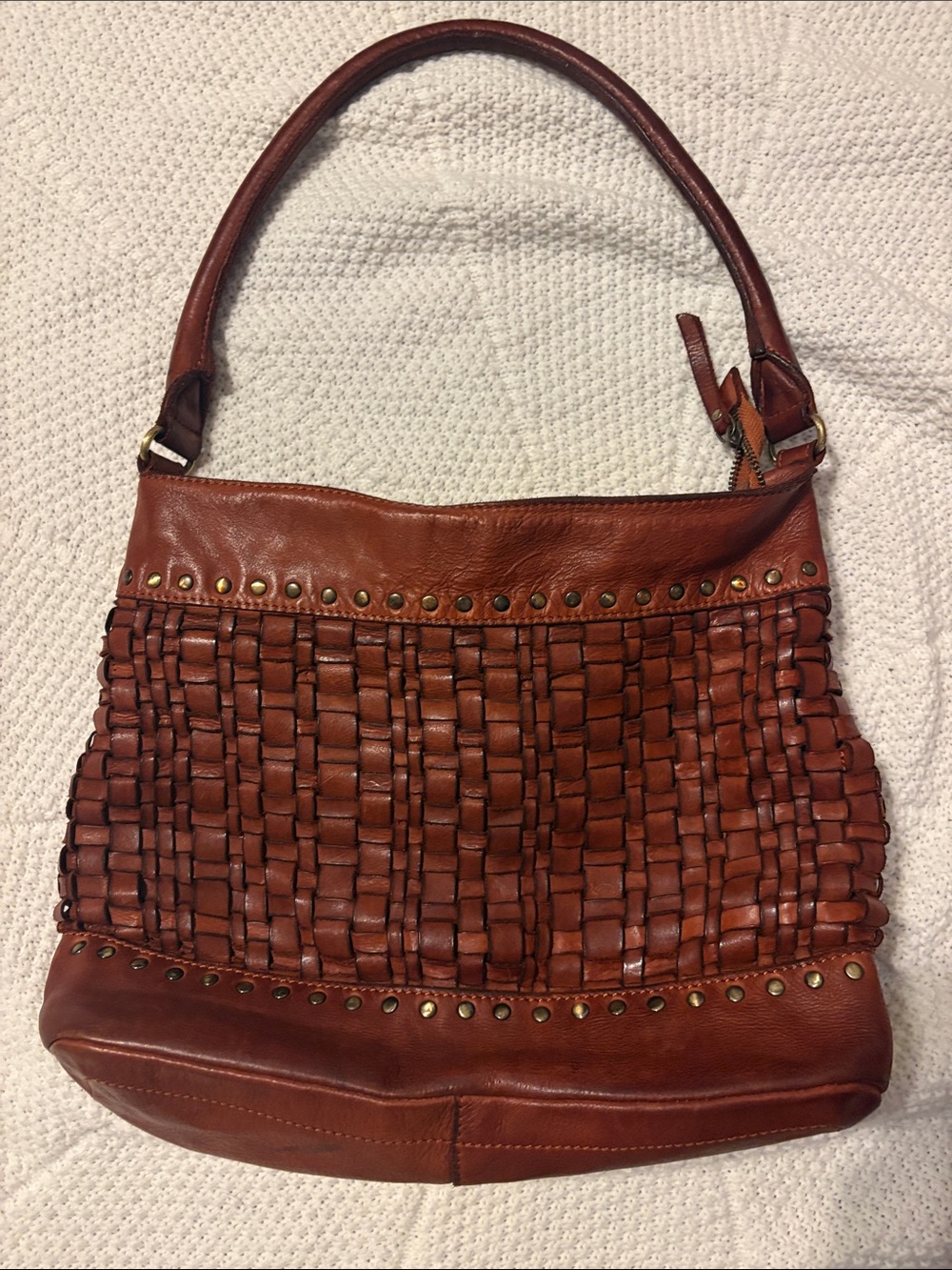 Marta Ponti Woven Leather Shoulder Bag Brown Studded Italian Boho Hobo